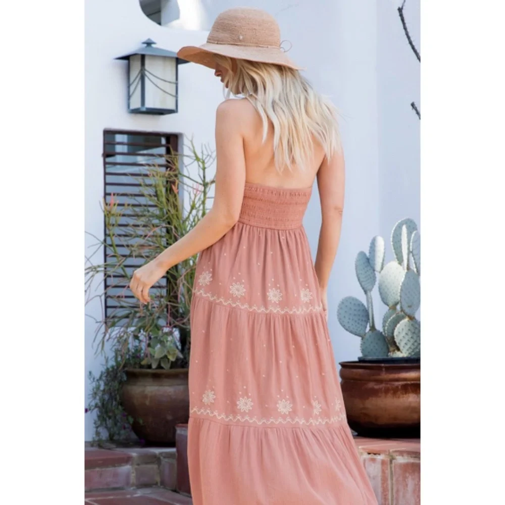 Sandstone Embroidered Floral Smocked Waist Gauze Summer Casual Halter Dress - Picture 4 of 7